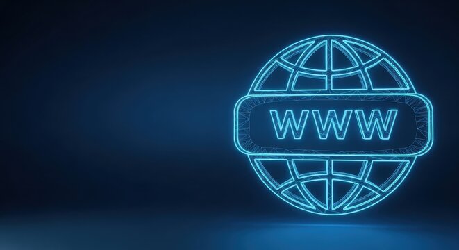 Glowing neon wireframe globe with WWW text represents global internet connectivity and digital communication networks