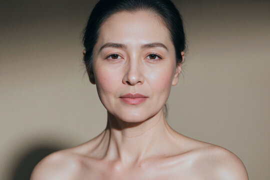Portrait of Asian middle aged woman facing camera, presenting natural skincare and healthy aging concept. Ideal for beauty, wellness, dermatology, self care, close up