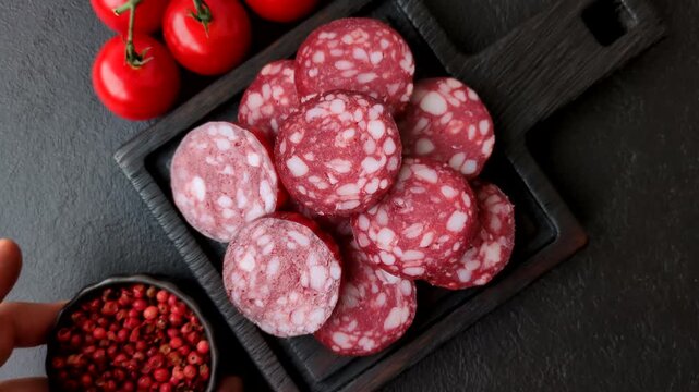 Slices of smoked salami for sandwiches or a lunch spread. Salami slices