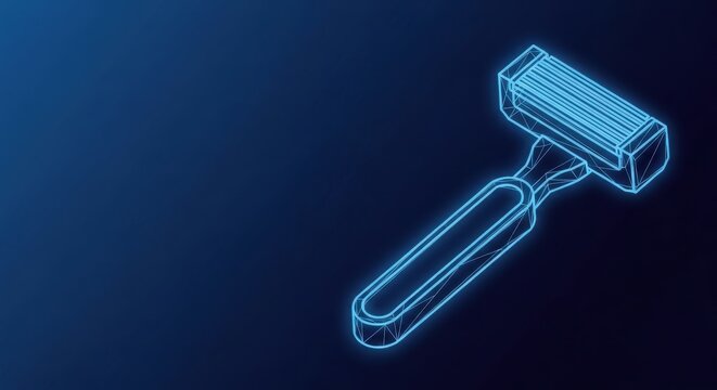Glowing neon wireframe of a modern shaving razor with clean lines on a dark blue background