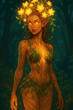 Ethereal tree woman with bark patterned body stands in misty emerald woods