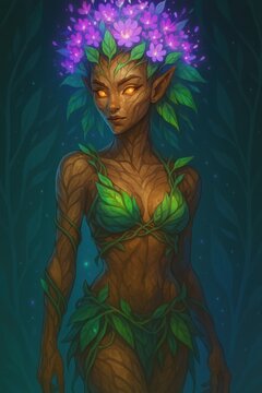 Magical dryad illustration blends organic texture with soft bioluminescent flower light