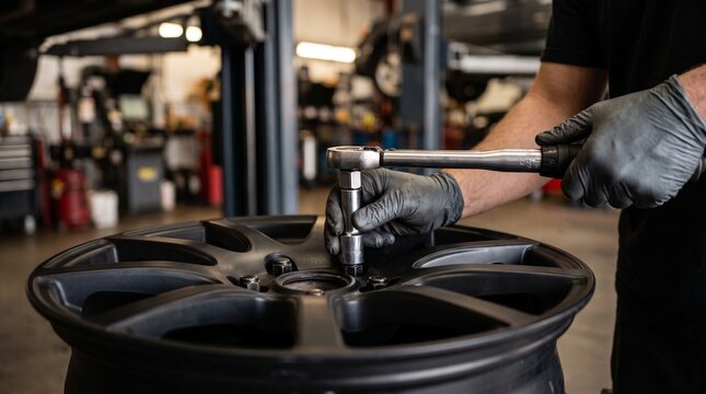 Mechanic wearing gloves using a ratchet tool to work on a car wheel