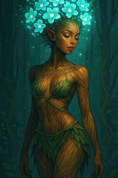 Delicate dryad figure wrapped in leaves glows softly within a dark forest
