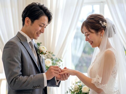 幸せな結婚式チャペルで指輪交換をする新郎新婦の笑顔の瞬間