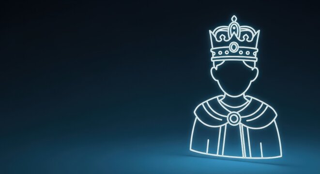 Stylized outline illustration of a king wearing a crown and royal robes against a dark blue gradient background.