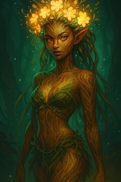 Captivating tree spirit gazes forward surrounded by fireflies and glowing petals