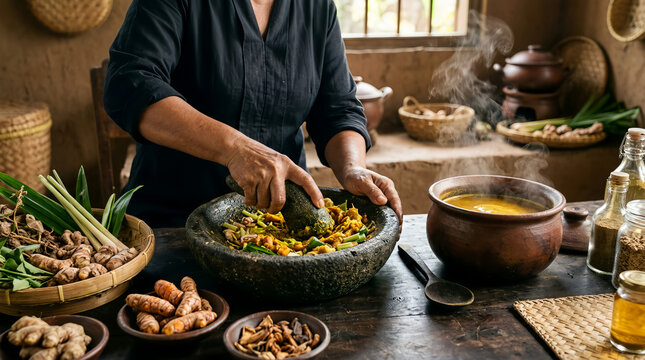 Preparing traditional Indonesian jamu herbal medicine with mortar pestle and clay pot
