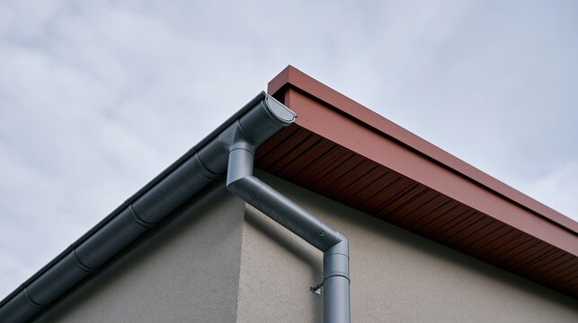 Grey rain gutter and downspout on a modern house corner with red trim, featuring a clean matte finish for roofing and home maintenance services with copy space