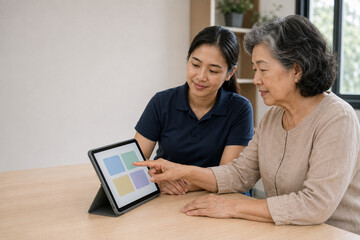 Obraz premium Older woman learning digital skills on tablet with younger instructor