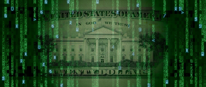 Digital Currency Concept with Twenty Dollar Bill made from Numbers and Symbols. Cryptocurrency Finance Background.