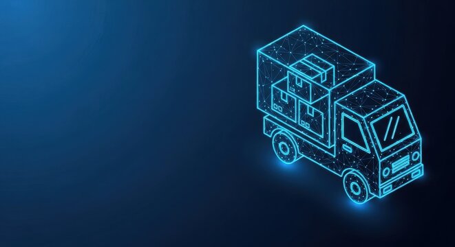 Glowing neon wireframe truck carrying boxes, representing logistics and delivery services in a digital abstract style