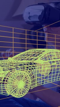 Animation of 3d technical drawing of car, over woman at home wearing vr headset