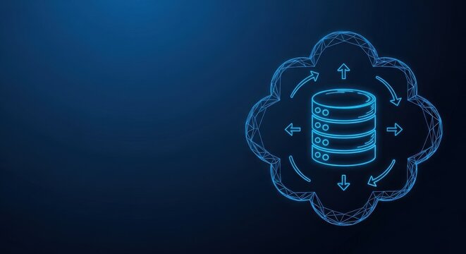 Abstract cloud symbol with database stacks and transfer arrows, representing cloud data storage and computing