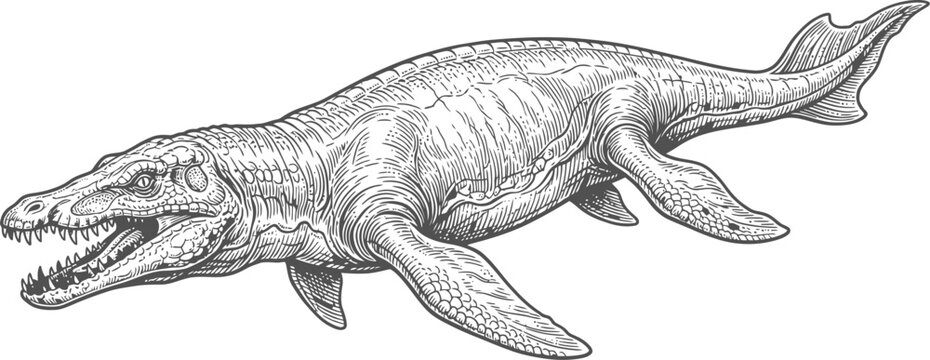 Prehistoric marine reptile mosasaur swimming with jaws open on transparent background