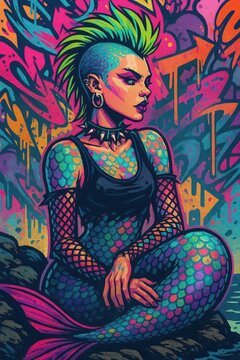 Striking counterculture mermaid combines fishnet stockings with iridescent fish scales