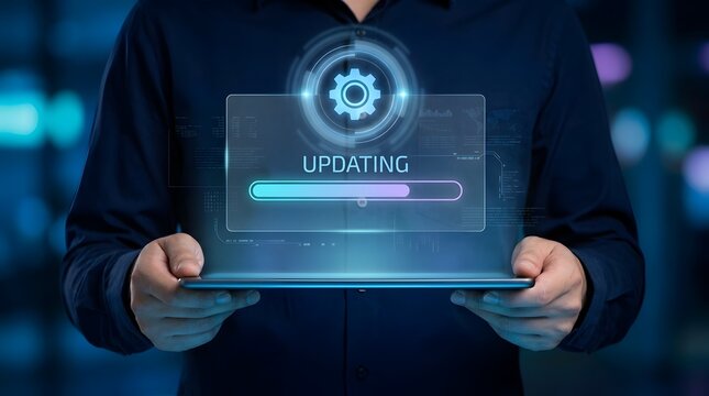 Person holding tablet displaying software update progress bar