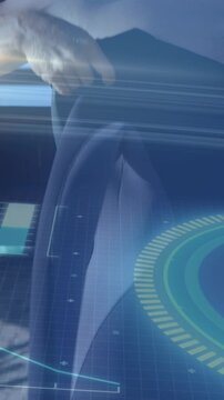 Animation of digital data processing over caucasian surfer