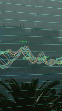 Animation of finacial data processing over cityscape