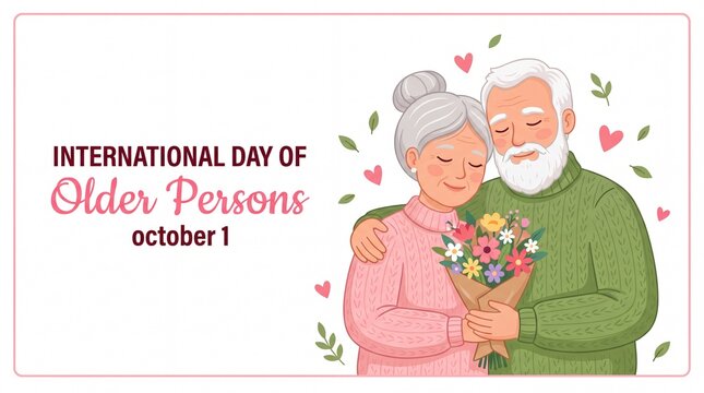 Happy grandparents isolated on white background with hearts. International day of older persons concept for poster, greeting cards etc. Cute flat