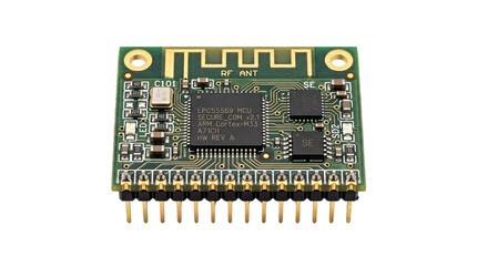 Electronic wireless module with integrated circuit chip, green printed circuit board with gold pins, microchip on PCB for IoT hardware development © saima
