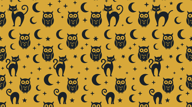 Halloween seamless pattern with black cats and owls, spooky night background with crescent moons and stars, mystical animal vector