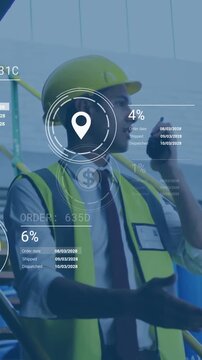 Industrial worker using walkie-talkie, data processing animation over factory background