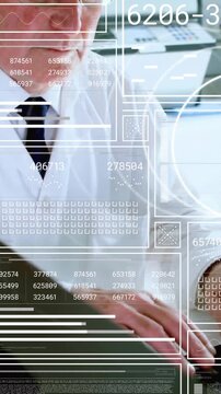 Animation of data processing over caucasian male scientist in lab