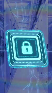 Animation of digital data processing, padlock icon, circuit board and computer servers