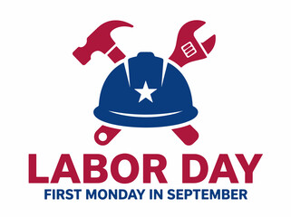 Labor Day vector logo. USA holiday emblem with hard hat isolated on White Background. Illustrations  © Visual Studio