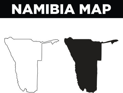 Black silhouette and outline vector map of namibia with geography