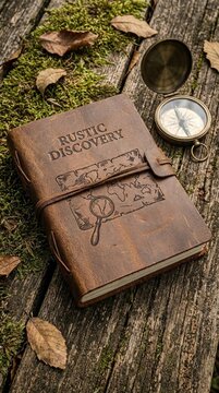 vintage leather journal with rustic discovery text, antique brass compass on weathered wooden planks, autumn leaves and green moss background