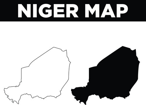 Black silhouette and outline vector map of niger with african map