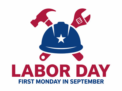 Labor Day vector logo. USA holiday emblem with hard hat isolated on White Background. Illustrations 