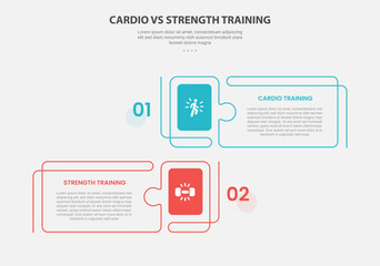 Obraz premium Cardio training vs strength training infographic outline style with 2 point comparison template with creative rectangle box with puzzle jigsaw style for slide presentation