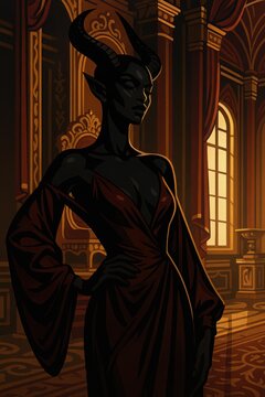 Dark skinned tiefling sorceress wears flowing crimson robe with belted waist
