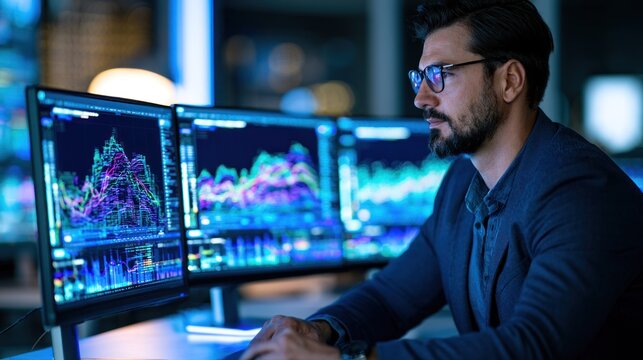 A man wearing glasses, seated at a desk with multiple computer monitors displaying financial data and charts.