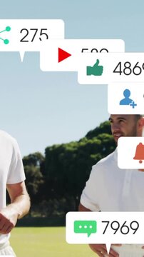 Animation of social media icons with growing numbers over diverse male cricket players