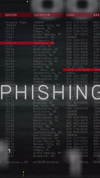 Animation of phishing text and digital data processing over black background