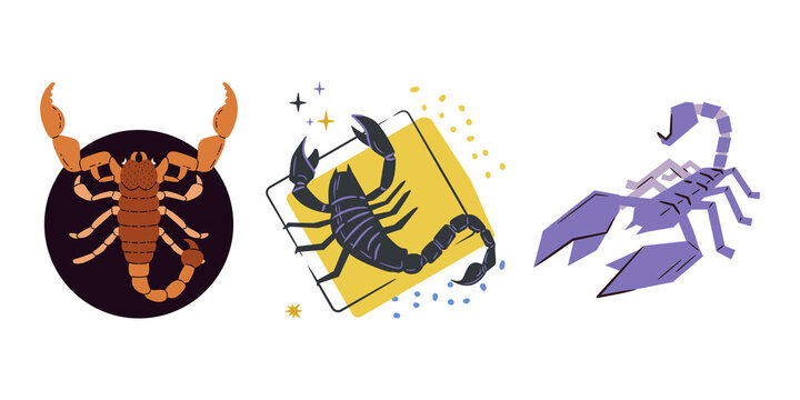 Set of cute cartoon scorpions in different colors and poses isolated vector