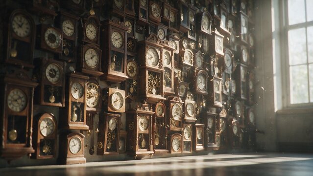 Abundant antique wall clocks hanging inside dimly lit wooden room filled with golden sunlight beams with displays vast collection vintage pendulum clocks mounted dark wooden wall