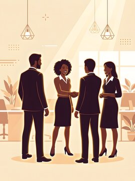 Group of corporate business executives discussing strategy and making a deal in a bright office environment.