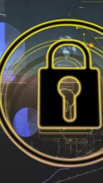 Lock icon animation over digital data and world map background
