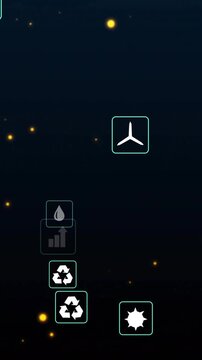 Environmental icons and sustainability concepts animation over dark background with glowing dots