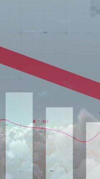 Red downward arrow and bar chart animation over cloudy sky background