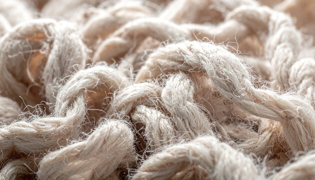 Close-up of Thick Braided Rope: A macro shot reveals the intricate texture and detail of thick, natural fiber rope braided together, showcasing the rough weave and sturdy construction.