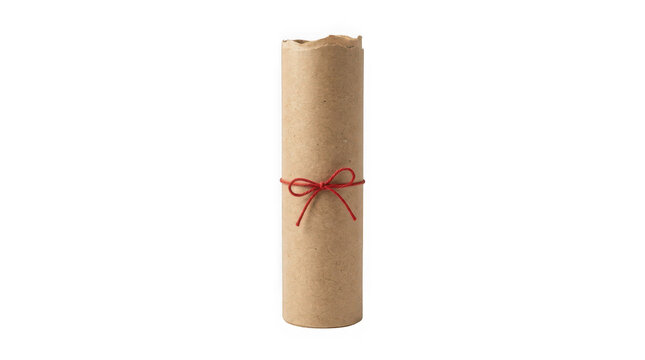 Rolled brown craft paper scroll tied with a thin red string bow isolated on transparent background