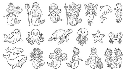 Obraz premium Mermaid Fantasy Coloring Page Ocean Characters and Sea Animals Line Art
