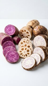 Sliced purple sweet potatoes lotus root and taro roots arranged on white studio background