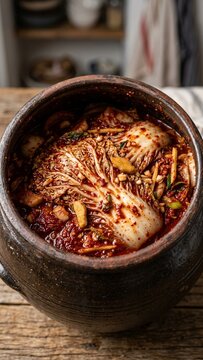 Traditional Korean kimchi fermenting in a ceramic onggi pot on a rustic wooden table